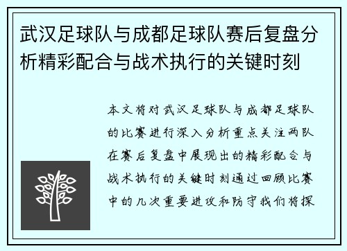 武汉足球队与成都足球队赛后复盘分析精彩配合与战术执行的关键时刻